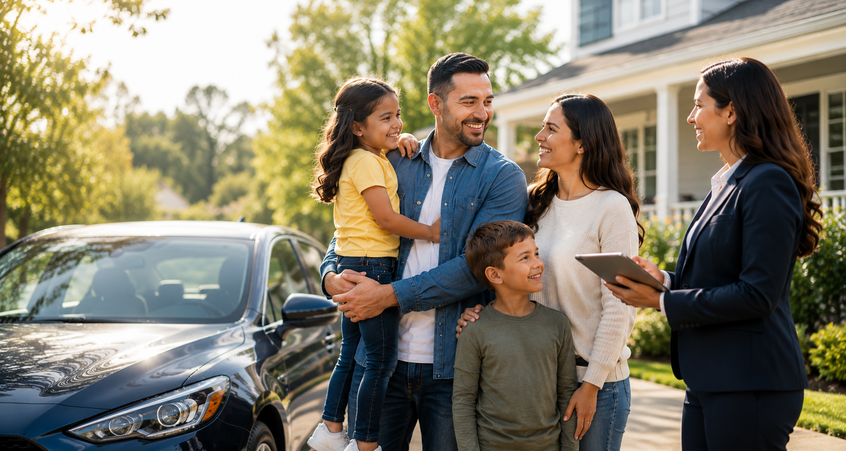 Family with a vehicle speaking with an insurance professional